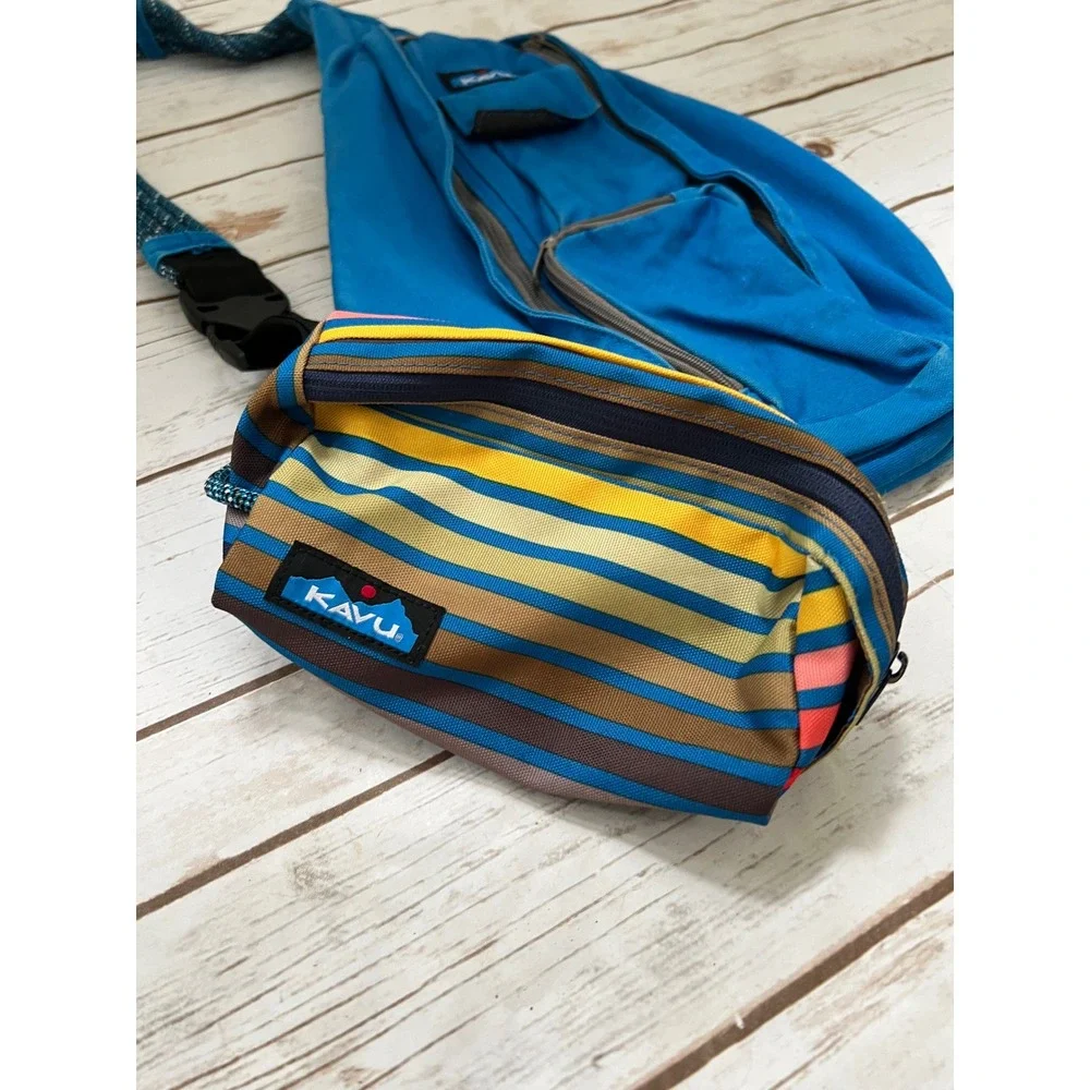 KAVU Rope Bag Sling Backpack Blue Canvas with Striped Belt Bag Set OS